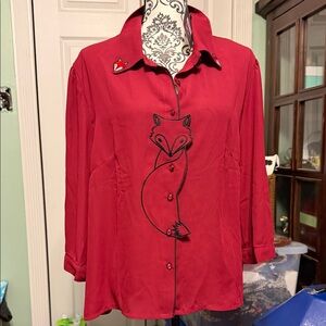 Elegant Red Fox Embroidered Button Down Shirt